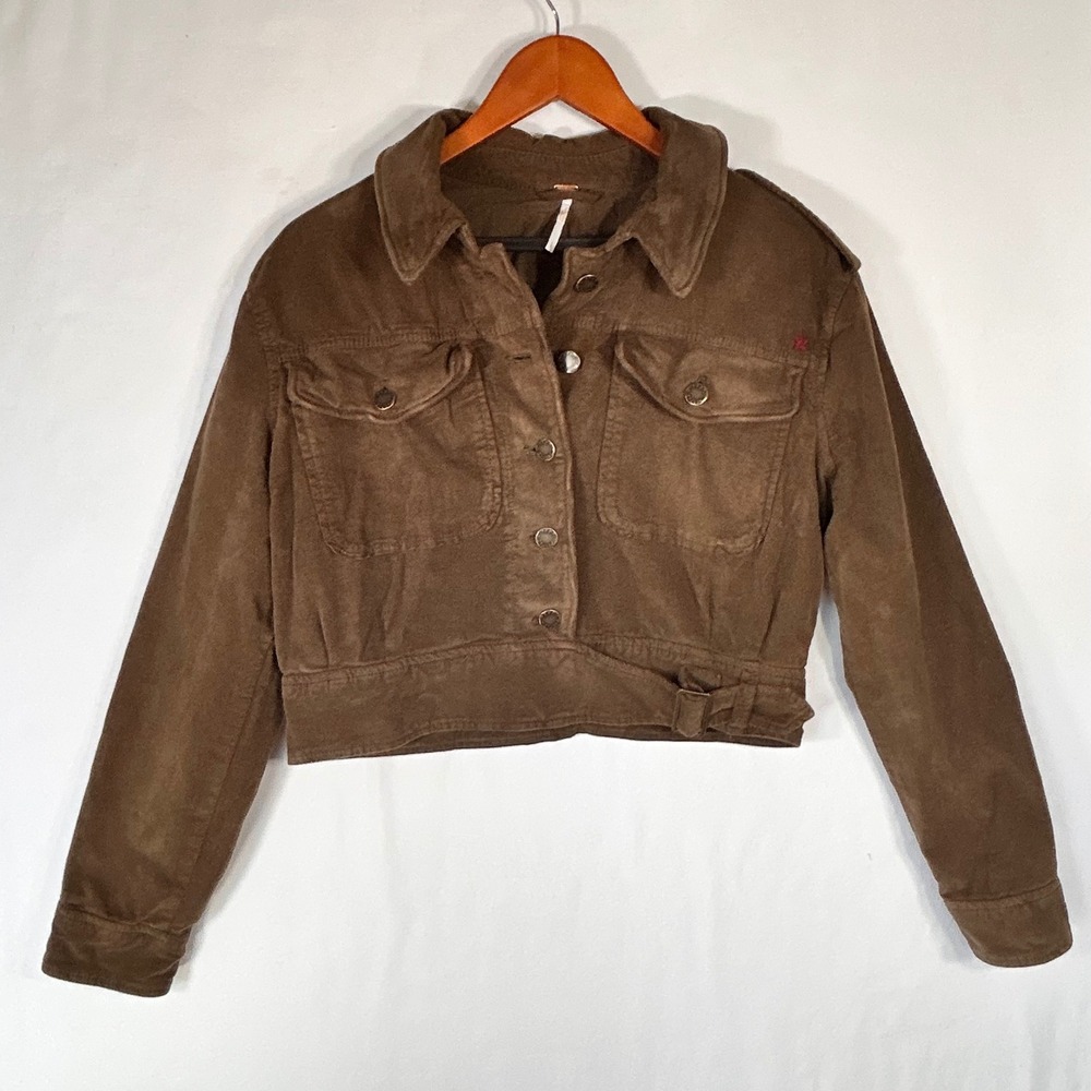 Free People Brown Corduroy Cropped Trucker Jacket Utility Buckle Belt Small